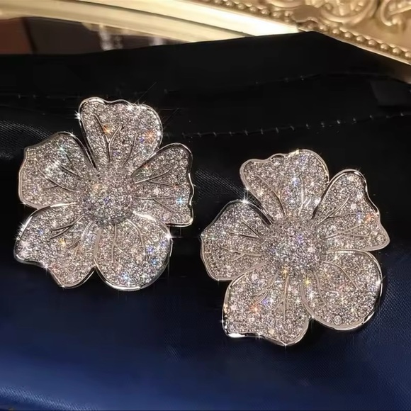 Floral Crystal Encrusted Silver Zirconia Earrings - Picture 6 of 12